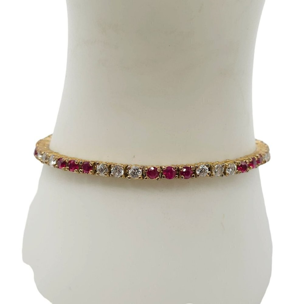 925 Sterling Silver Red Ruby Cubic Zirconia Tennis Bracelet Gold Vermeil Vintage